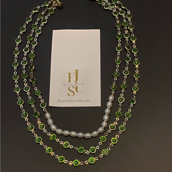 Handmade Green peridot Swarovski crystals with authentic white pearls Necklace
